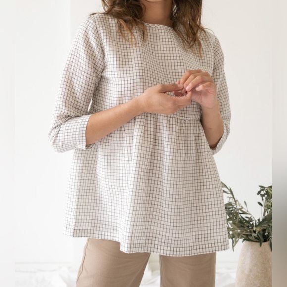 Laude the label Ayla top natural checker linen blend eco friendly top S